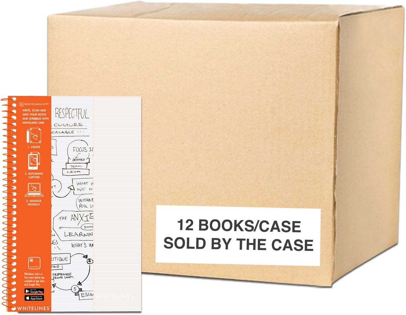 Case of 12 Whitelines App Notebooks, Grey Lined White Paper, 8.5"x5.25", 70 sheets, 2-Sided, Spiral Bound in Orange Wire