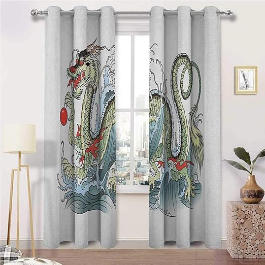 Amazon Com Igoga Sports Curtain Panels Japanese Dragon Block Out Drapes Outside Curtain Far Eastern Water Dragon Splashing Waves Legend Creature 2 Grommet Curtain Panels 52 W X 72 L Home Kitchen
