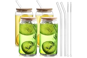 HOMBERKING Glass Cups with Bamboo Lids and Straws 4pcs Set, 16oz Can Shaped Drinking Beer Glasses, Iced Coffee Cups, Cute Tumbler Cups with 1 Cleaning Brush, Ideal for Cocktail, Whiskey, Tea, Gift