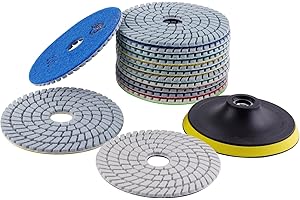 ZFE Diamond Wet Polishing Pads Set, 5 inch 15Pcs Pads for Granite Stone Concrete Marble Floor Grinder or Polisher, 50#-6000# with Hook & Loop Backing Holder Pads for Wet Polisher