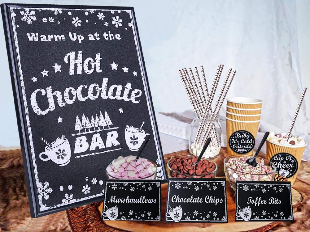 FaCraft Hot Chocolate Bar Kit Luxury Supplies - Hot Chocolate Bar Sign Accessories Labels Tags - Table Cards Spoons and Straws for Christmas Holiday New Year Party Supplies