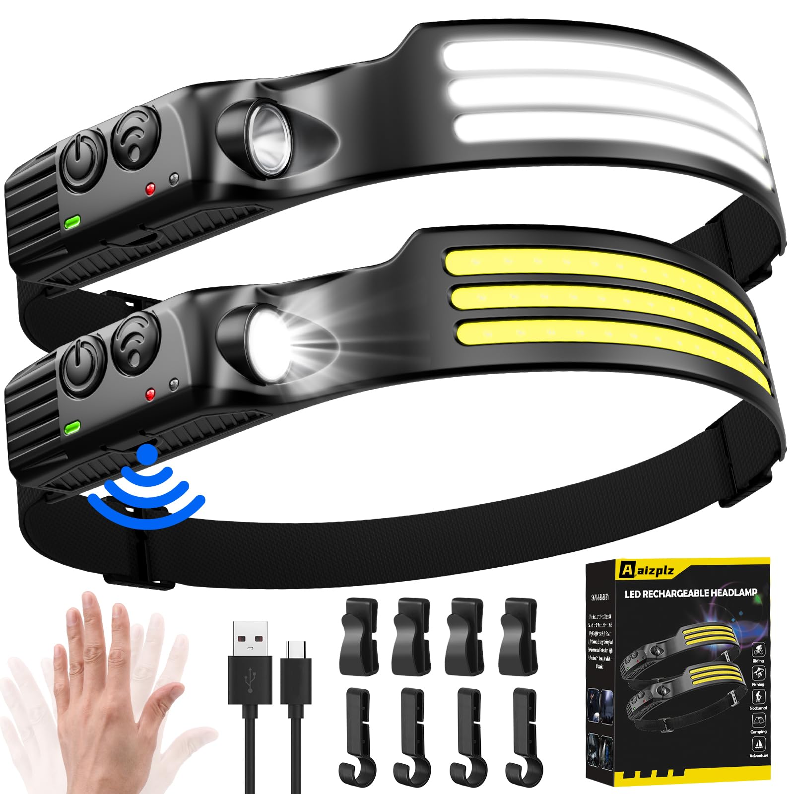 2 Pack Head Torch Rechargeable,3000 Lumens 230° Wide Beam Super Bright Headtorch with Hands Free Sensor,Led Head Torch 1500mAh IPX5 Waterproof Lightweight,Headlamp for Adults Kids Camping,Fishing