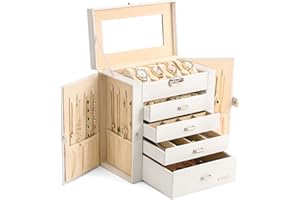 Homde Synthetic Leather Huge Jewelry Box Mirrored Watch Organizer Necklace Ring Earring Storage Lockable Gift Case (White)