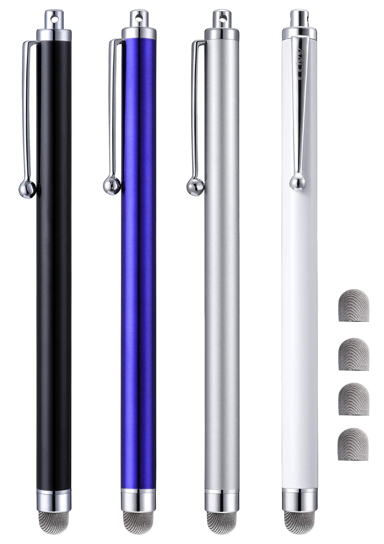 Stylus Pens, CCIVV 4 Pcs 5.6 Inches Mesh Tip Stylus for Touch Screens, iPad, iPhone, Kindle Fire, 4 Extra Replaceable Hybrid Fiber Tips (White, Black, Silver, Blue)