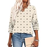 Lomon Womens 3/4 Sleeve V Neck Bohemian Blouses Casual Loose Fit Tunic Tops Vacation Clothes