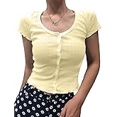 BAIGRAM Women Short Sleeve Button Down Pointelle Crop Tshirt Y2K Lettuce Scoop Neck Baby Tee Slim Fit Summer Tops Preppy