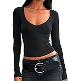OZICERD Women Long Sleeve Shirts Double Lined Tops Sexy V Neck Tight Fitted Shirt Basic Going Out Crop Top Fall Black