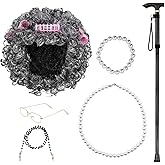 Old Lady Cosplay Costume Set - Granny Wig with Hair Rollers, Glasses with Chains Cords Strap, Pearl Necklace and Bracelet, Ca