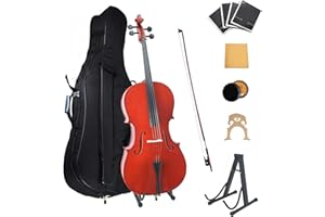 Ceciliec Cello 4/4 Kit, Acoustic Cello for Adults,Students,Beginners,Complete Full Size Cello Instrument Set with Portable Bag, Stand, Bow, Rosin, Red