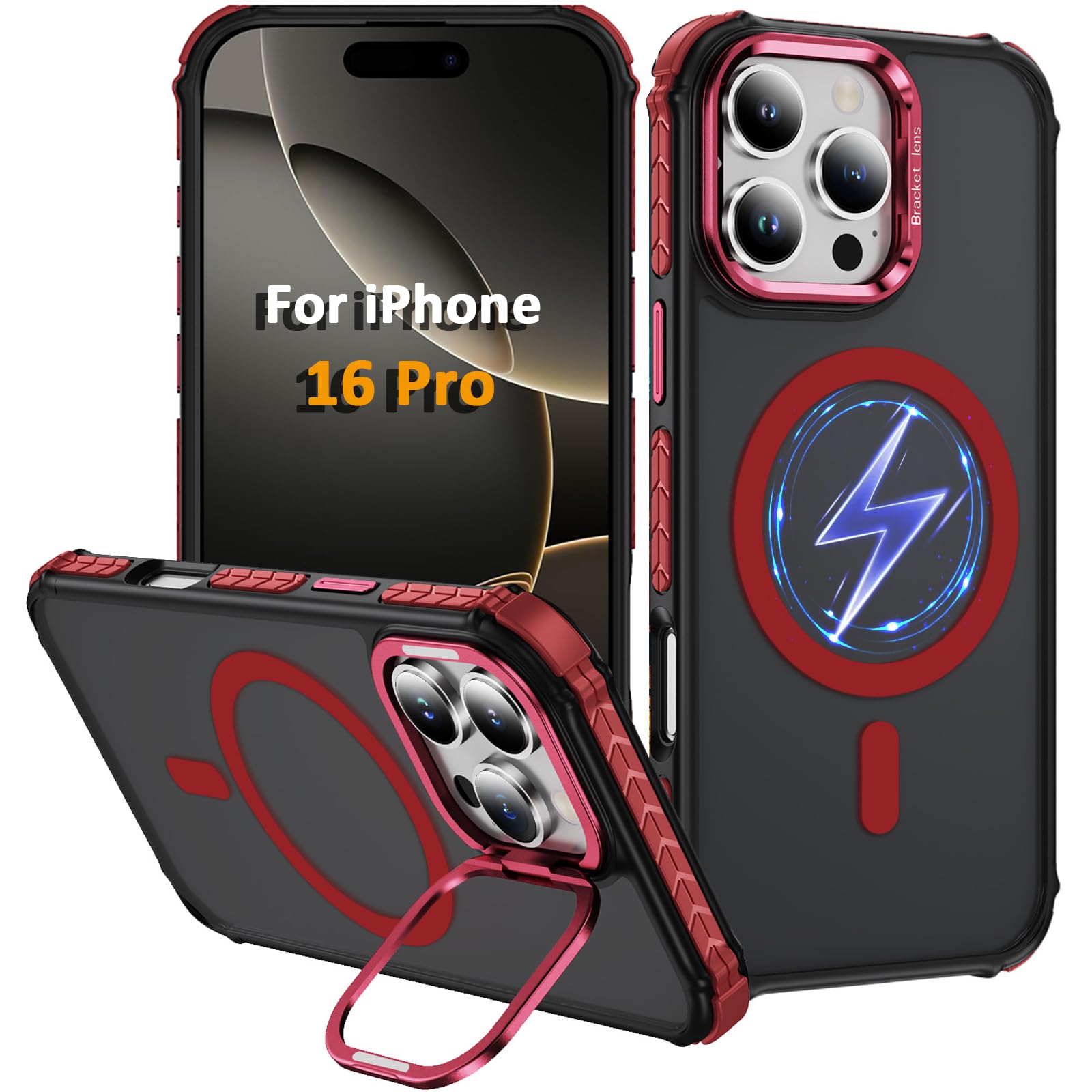 KETGII i Phone 16 Pro Case, Magnetic for iPhone 16 Pro Case, Compatible with MagSafe Wireless Charging, Heavy Duty, Shockproof, Adjustable Kickstand, Slim Matte Anti-Fingerprint Red.