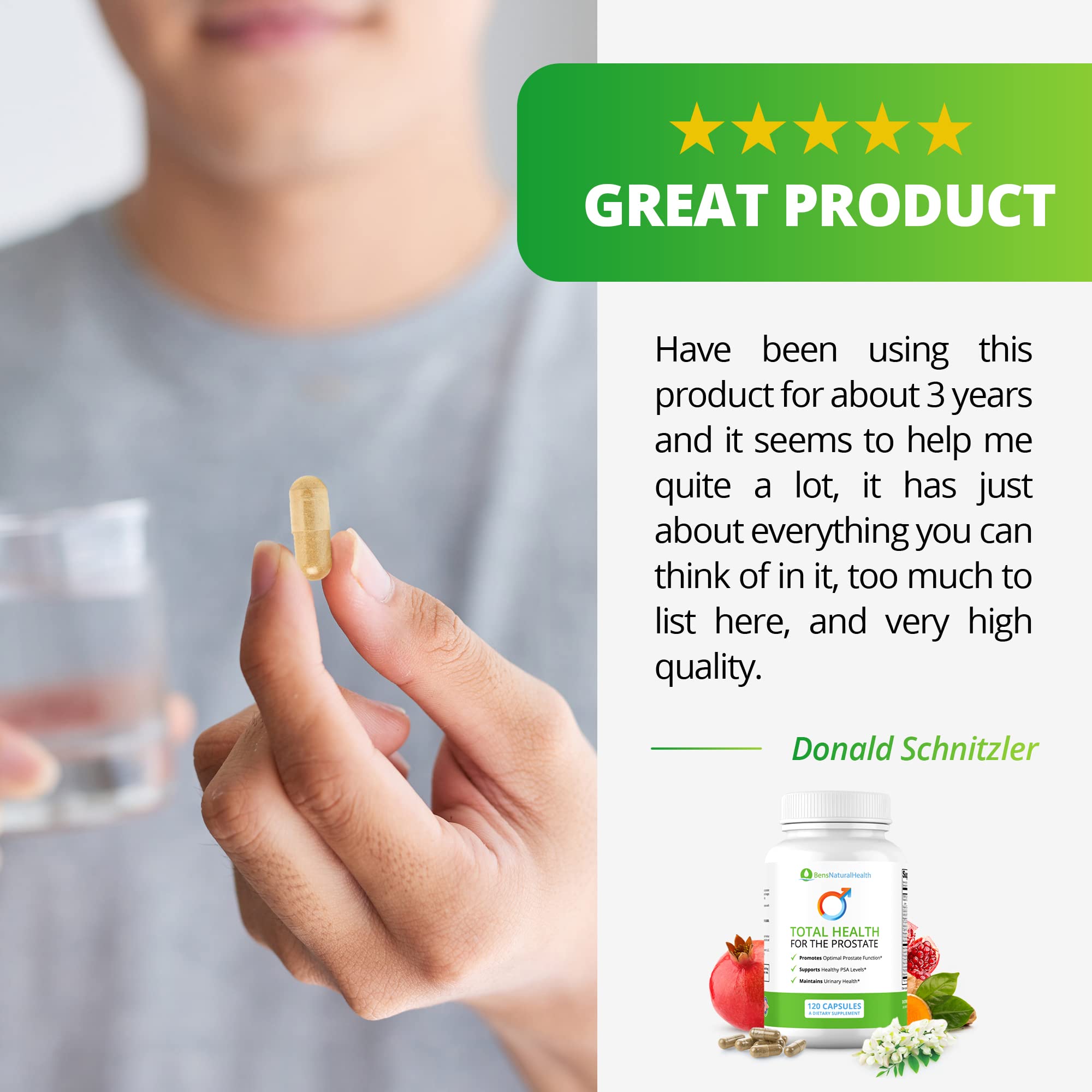 Ben's Natural Health Total Health for The Prostate Supplement with Beta Sitosterol Vitamins C, D, E, Zinc and Turmeric, 360 Vegicaps, 3 Pack