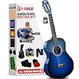 Pyle Beginner Acoustic Guitar Kit, 3/4 Junior Size All Wood Build Nylon String Instrument with Capo, Gig Bag, Strap, Extra String Set, Guitars for Beginners Adults and Youth, 36" Blue Burst Gloss