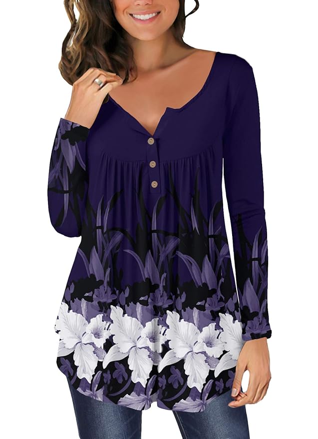 Buy Purple Long Sleeve Shirts for Women Casual V Neck Buttons Up Flower