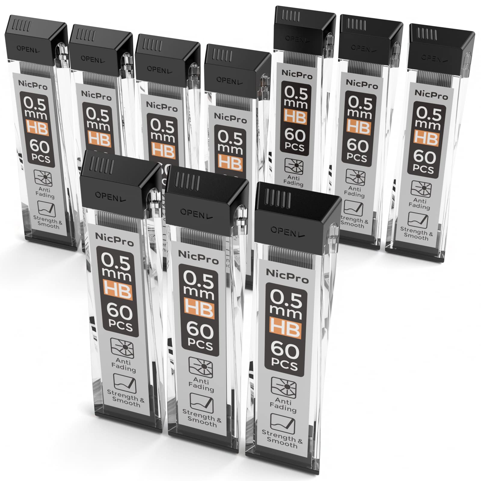 Nicpro 600 PCS Lead Refills 0.5mm HB #2 Break Resistant Mechanical Pencil Refills 0.5 mm, 60 Pack Per Tube, 10Tubes