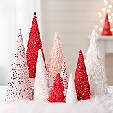 Valentine's Day Table Decor: 9pcs 13" 9.5" 5.5" Cone Valentine Trees with Glitter Sequins & Plush Fur, Lovely Valentine Indoor Decorations for the Home Tiered Tray Decor Gift for Her, Red Pink & White