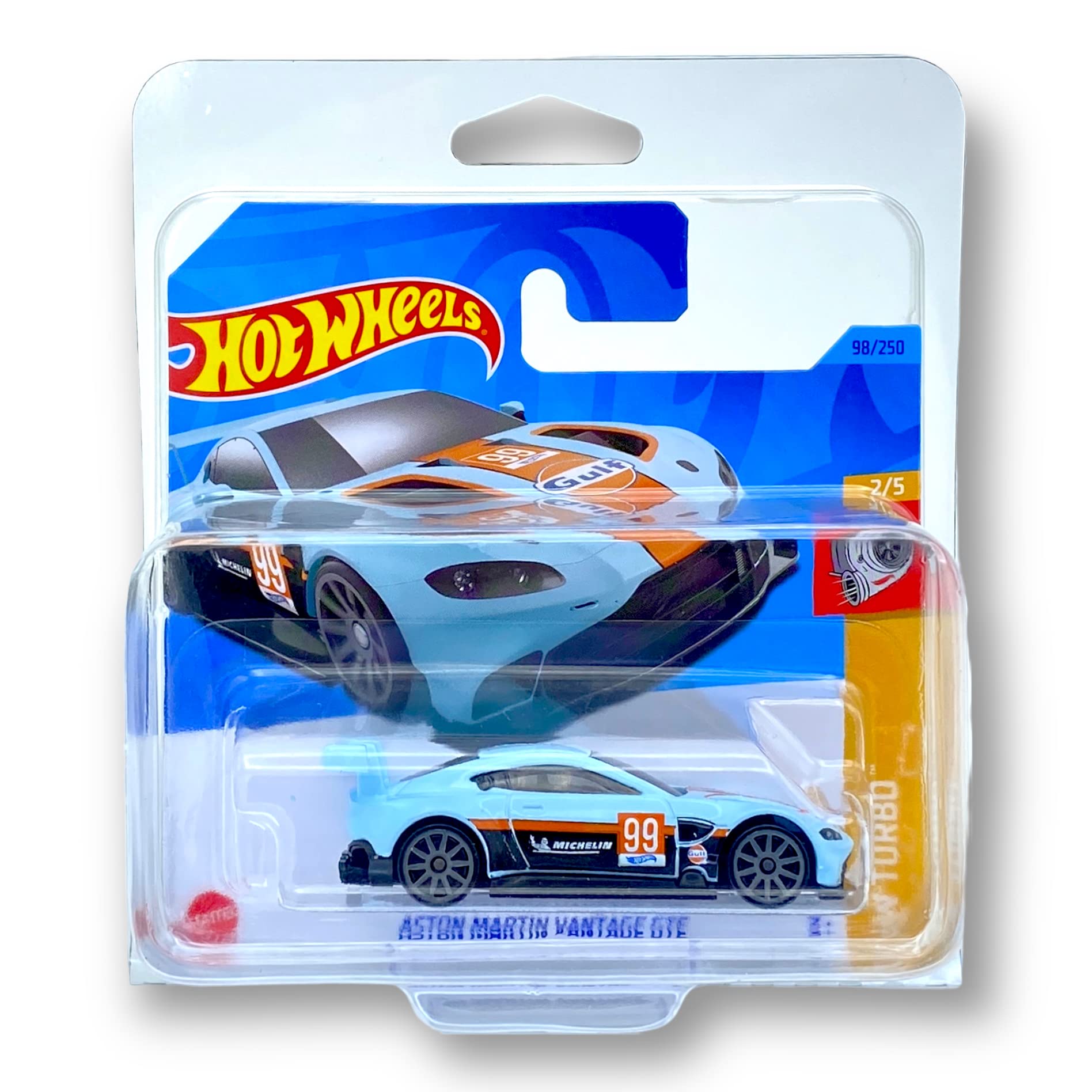 Hot Wheels Aston Martin Vantage GTE (GULF Blue, Black & Orange) 2/5 HW Turbo 2023-98/250 (Short Card) - COMES IN A KLAS CAR KEEPER PROTECTIVE COLLECTORS CASE - HKJ37