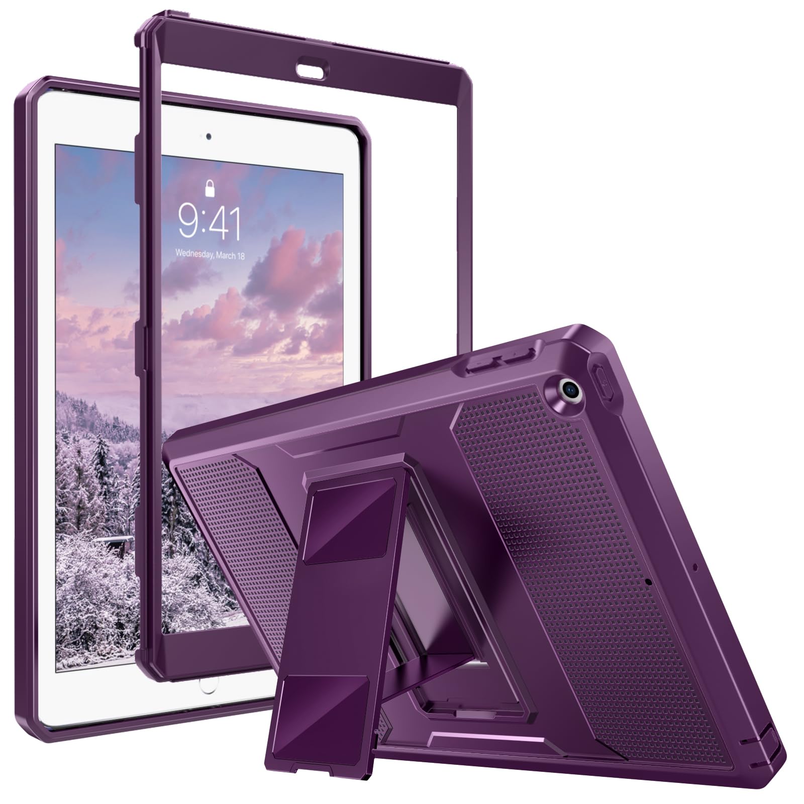 MoKo Case Fit 2018/2017 iPad 9.7 6th/5th Generation - [Heavy Duty] Shockproof Full Body Rugged Hybrid Cover with Built-in Screen Protector Compatible with Apple iPad 9.7 Inch 2018/2017, Dark Purple