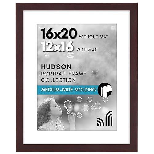 Americanflat 16x20 Picture Frame with Polished Plexiglass - Use as 12x16 Frame with Mat or Display 16x20 Photo Without Mat - Hudson Collection - Wide Picture Frames for Wall Display - Mahogany