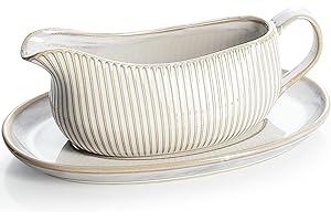 Getstar Gravy Boat with Saucer, Cranberry Sauce Dish Thanksgiving, Ceramic Gravy Dish Bowl, Microwave & Dishwasher Safe (Embossed Stripes)