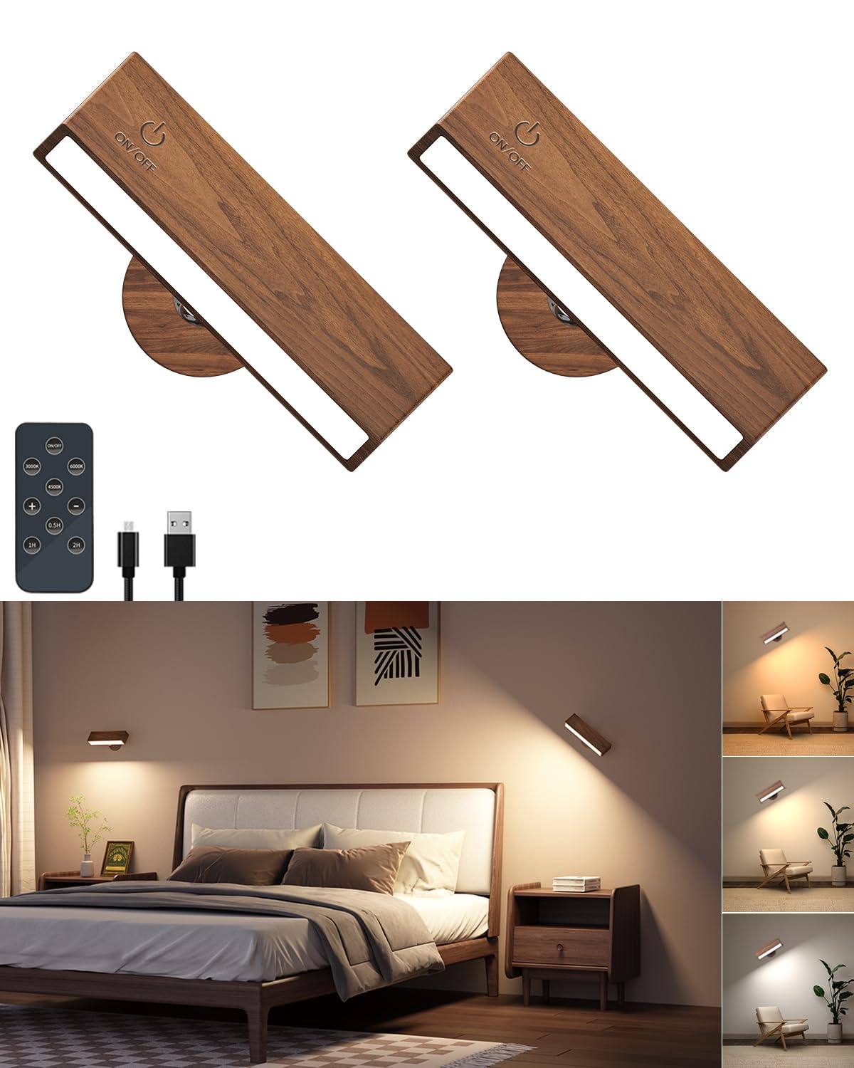 Photo 1 of DetarZinLED Battery Operated Wall Sconce Set of Two,Rechargeable Wall Lights with Remote,Wall Light for Bedroom Battery Operated, Dimmable Cordless Wall Mount Lamp with 3 Color Temperature for Bedside