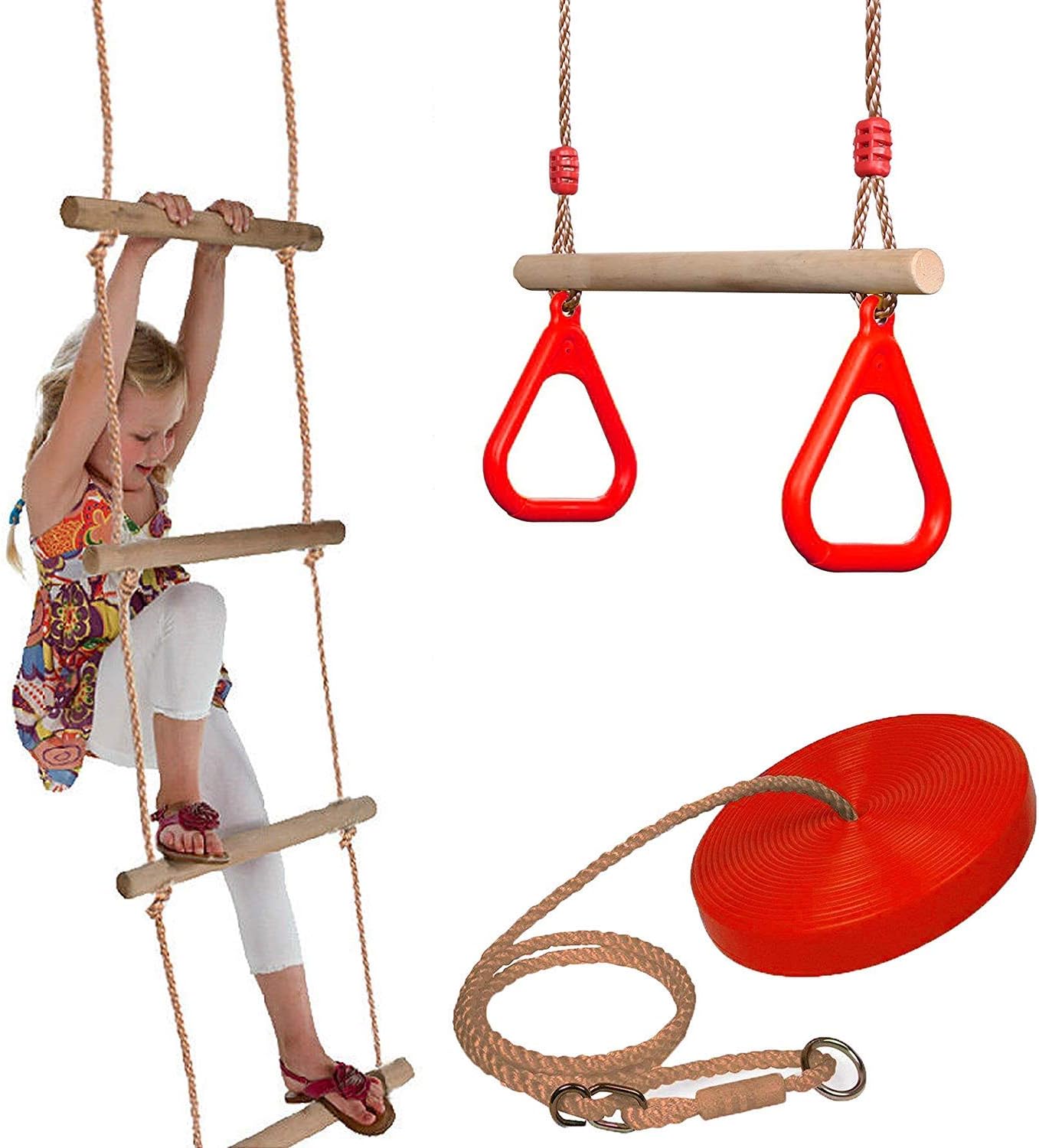 Lelestar SET Of Rope Ladder, Wooden Trapeze Swing & Red Plate Seat Outdoor Garden Toy