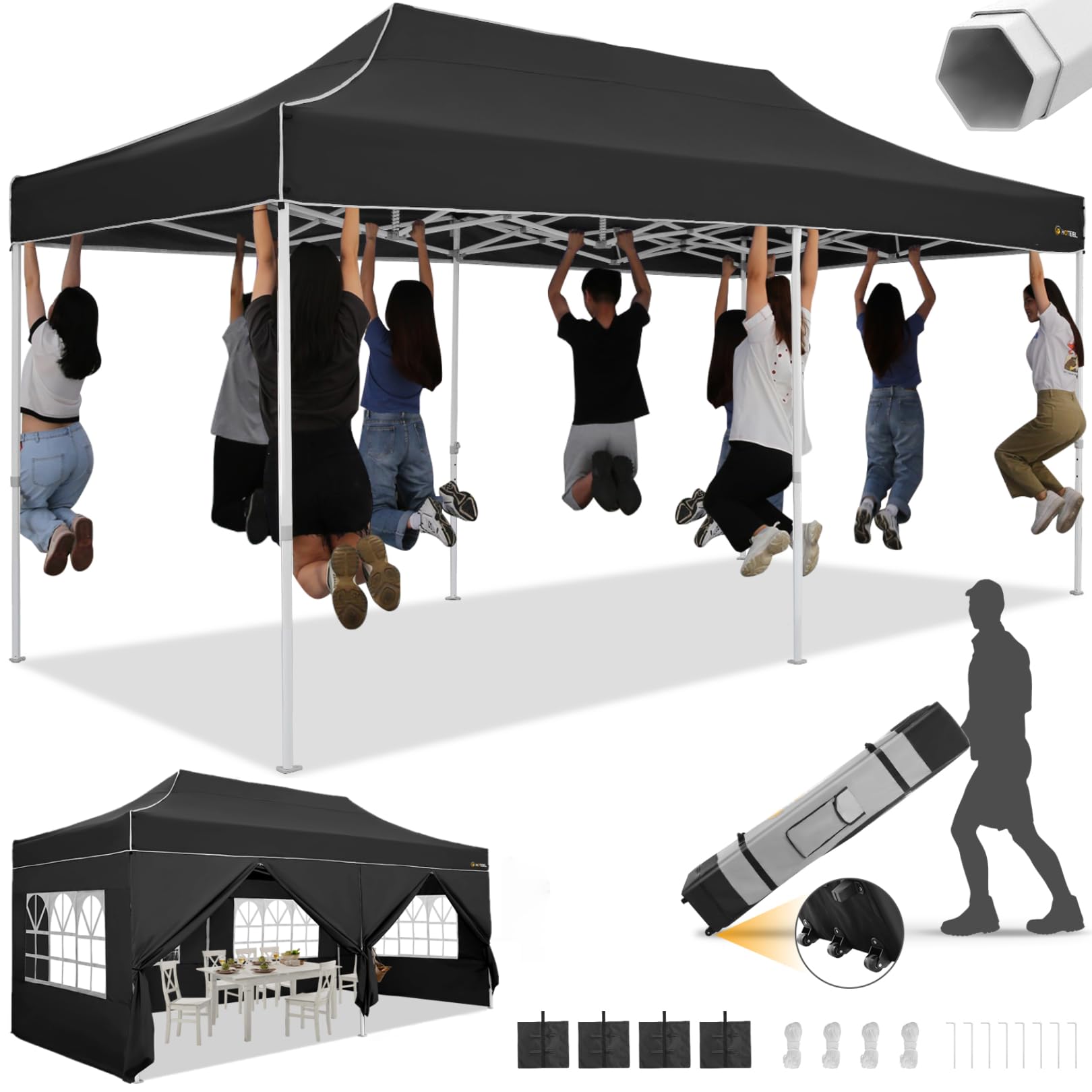 Photo 1 of HOTEEL 10x20 Heavy Duty Pop Up Canopy Tent with Sidewalls, Commercial Outdoor Canopy Tents for Parties Event Wedding with Roller Bag, Waterproof & UV 50+, Upgraded Thickened Hexagonal Legs, Black