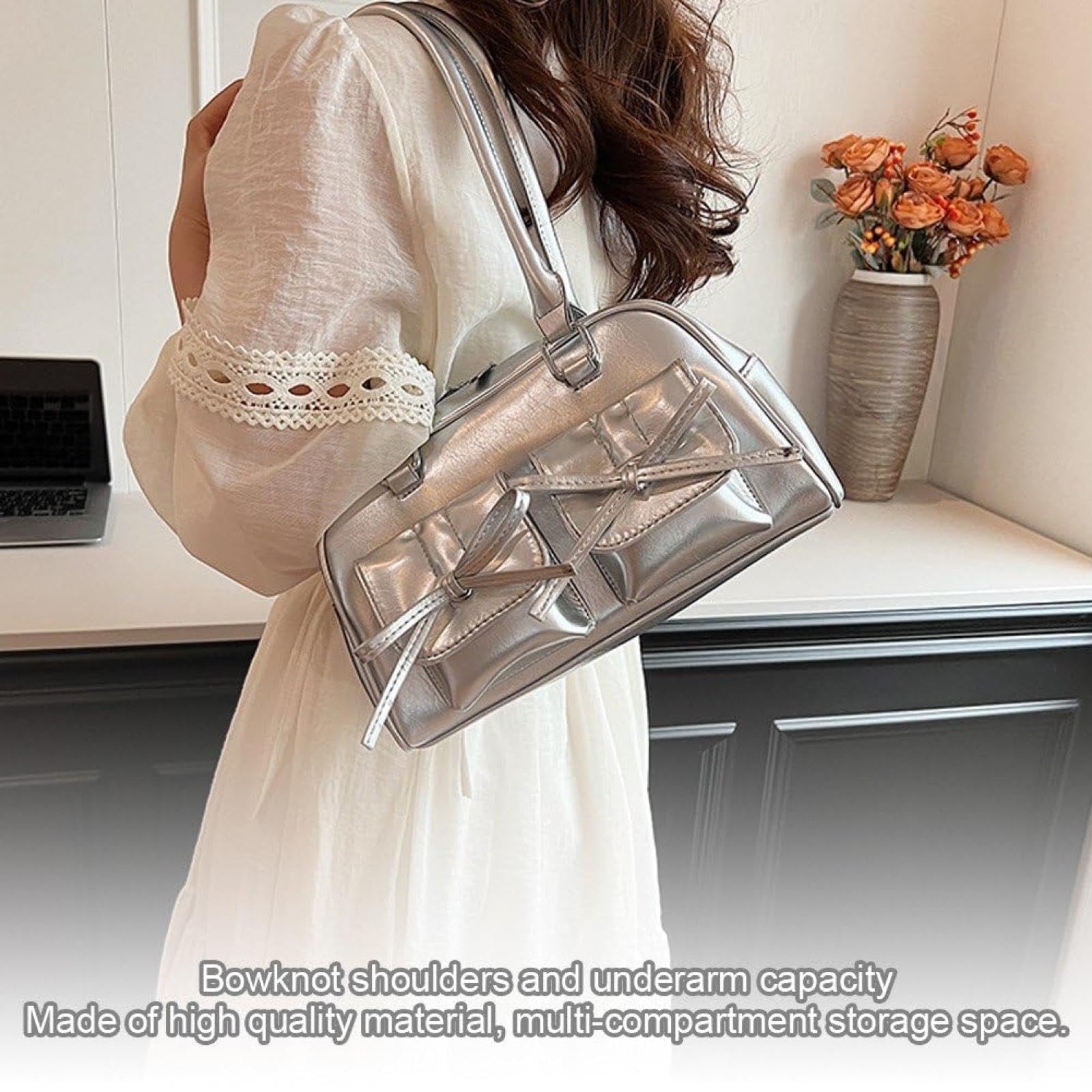 Y2K Women's PU Leather Handbag, Bowknot, Cute, Shoulder Bag, Handbag, Lightweight, Stylish, Silver