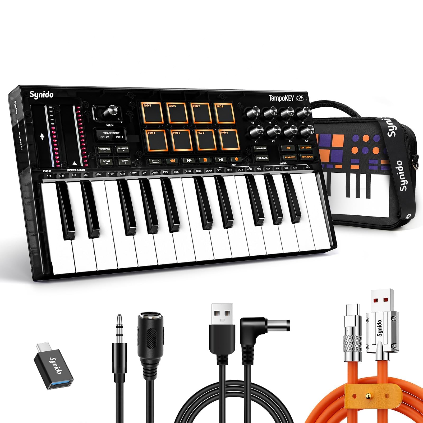 Synido TempoKEY K25 USB C MIDI Keyboard Controller Mit 25 Breiten Tasten, Tiefem Tastenhub Und Anschlagdynamischen Tasten, 8 RGB-Drum-Pads, OLED-Display, Transportsteuerung, Touch Streifen, Arpeggiato