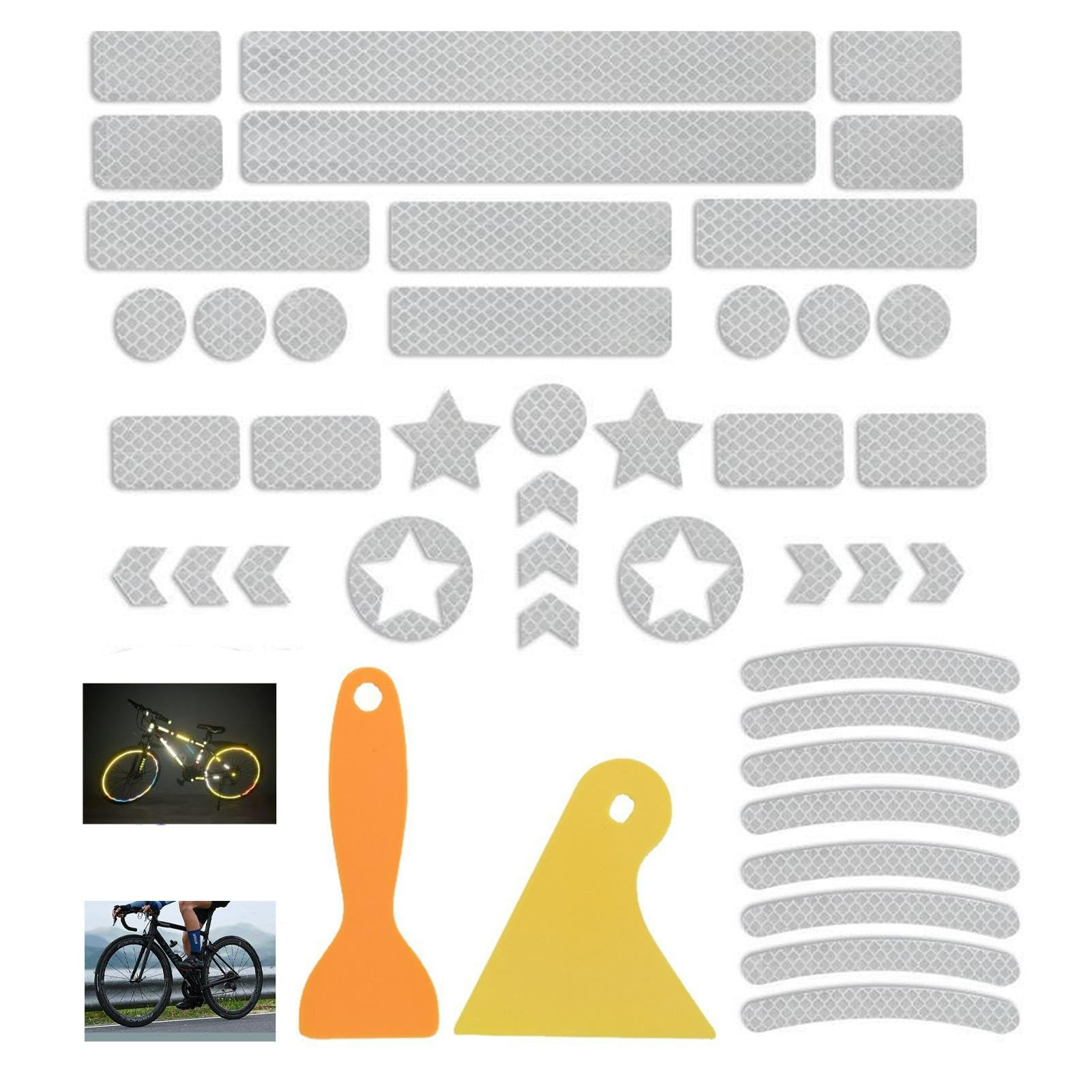 44pcs Reflective Stickers, Bicycle Frame Protector Chain Stays Protection, Reflective Decals Multi Shapes Kit, Waterproof Outdoor Safety Warning Stickers, for Helmet, Bicycle, Car & Stroller