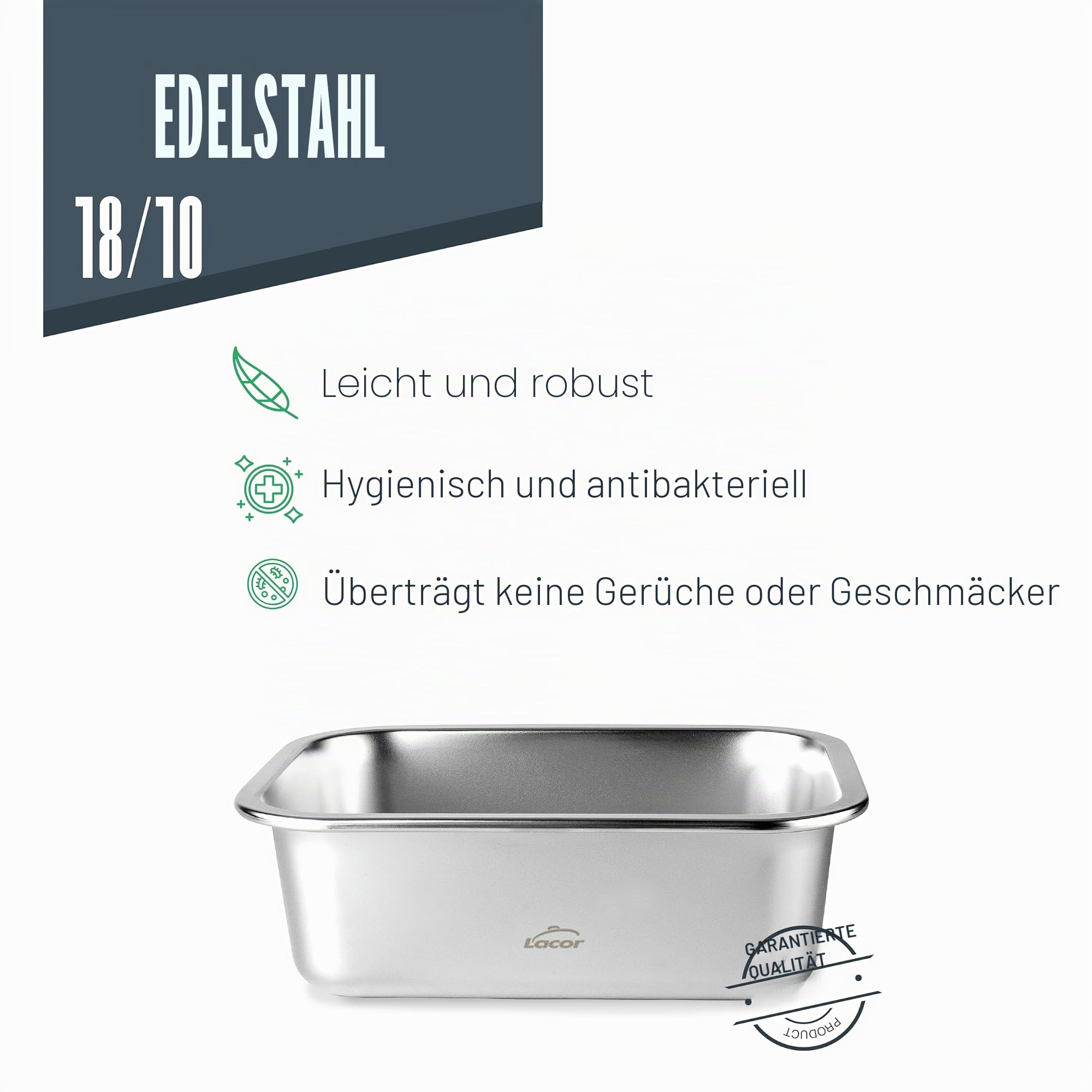LACOR 64617 - Set mit 3 Behältern für Lebensmittel, Ecoinox, Edelstahl 18/10, 800/1200/1800 ml, geeignet für Mikrowelle, Backofen, Gefrierschrank und Spülmaschine, luftdicht, BPA-frei 3