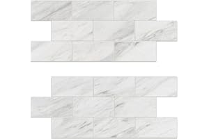 V-MOZZA Peel and Stick Backsplash, 20-Sheet Peel and Stick Wall Tiles 13.5" x 5.8" PVC Subway Tile Stick on Backsplash for Kitchen Fireplace (Carrara Marble)