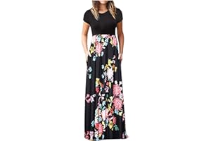 HIUARA 2023 Women Short Sleeves Dresses with Pockets Long Sun Dresses Summer Boho Casual Crewneck Beach Maxi Long Dress