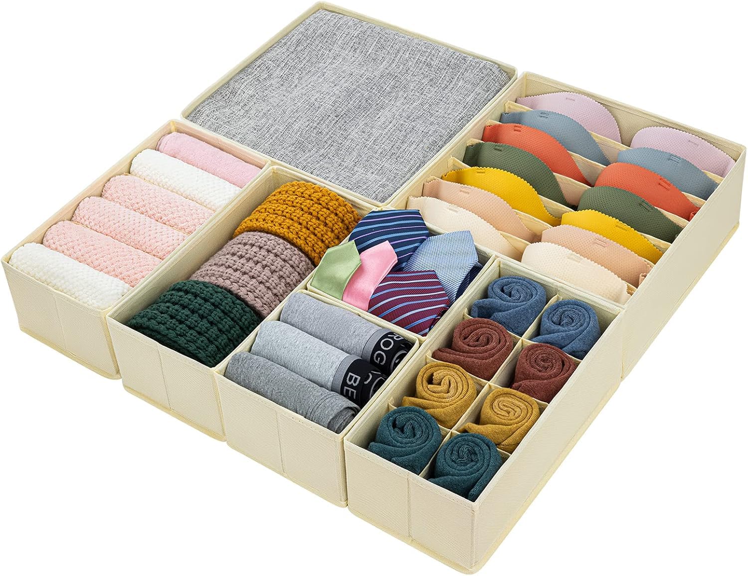 DIMJ 7 Pack Dresser Drawer Organisers, Foldable Storage Box Fabric Wardrobe Storage Organiser Drawer Dividers Storage Cubes for Bras, Socks, Underwear, Ties, Scarves, Cosmetics (Beige)