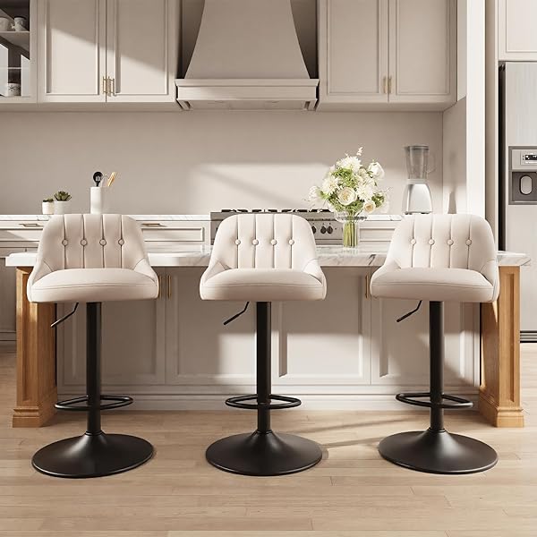 MALOL BAR STOOLS SET OF 3, SWIVEL BAR CHAIRS, MODERN ADJUSTABLE PU LEATHER UPHOLSTERED BARSTOOLS COUNTER HEIGHT WITH TUFTED BACK FOR BAR, KITCHEN COUNTER ISLAND, DINING ROOM, BEIGE