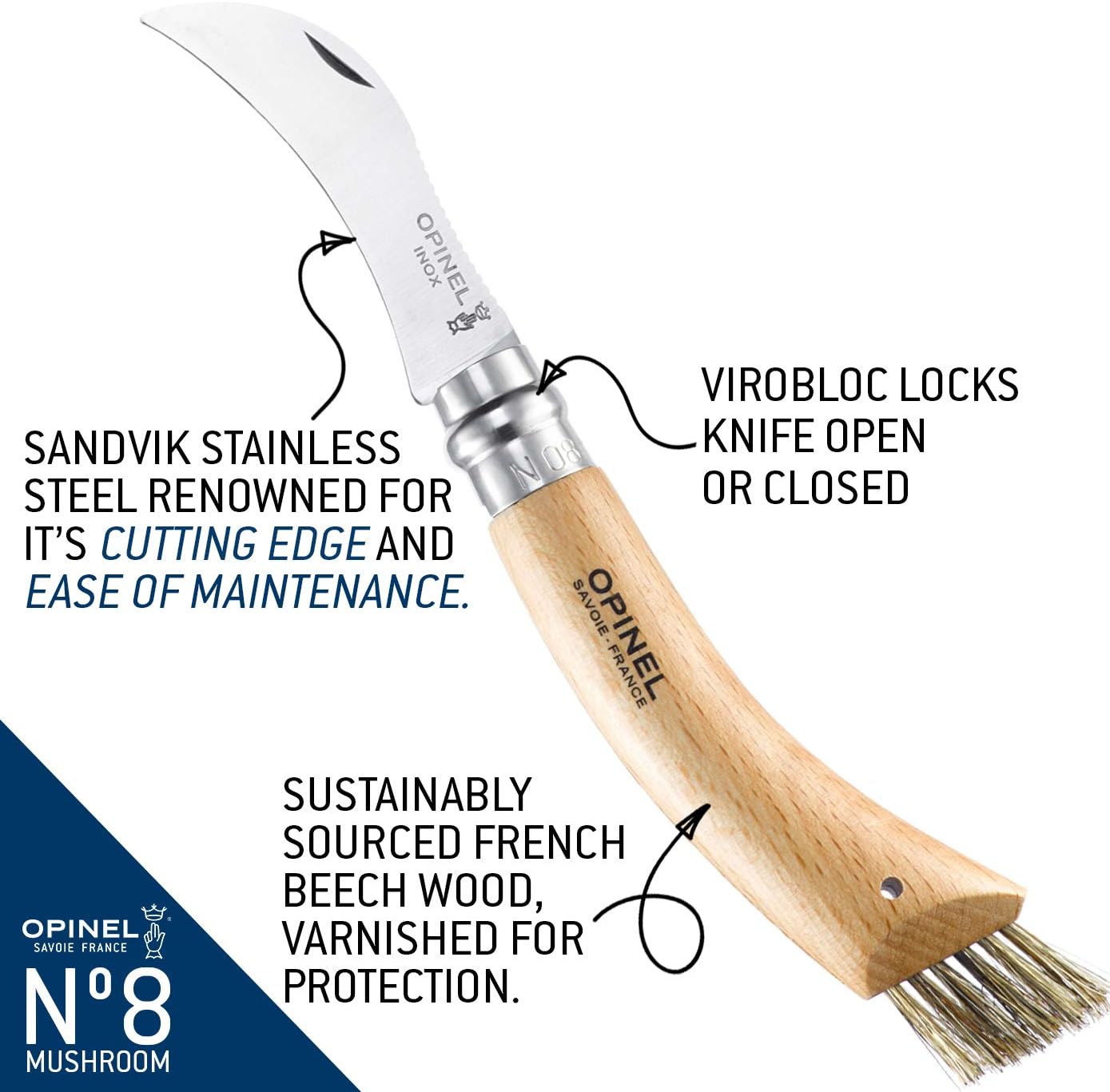 Opinel Stainless Steel Folding Mushroom Hunting Knife with Beechwood Handle : Hunting Folding Knives : Home Improvement