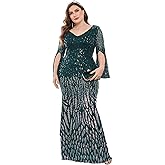 Plus Size Womens Mermaid Sequin Evening Dress Long Sleeves Mother of The Bride Gown