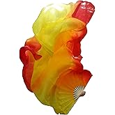 Winged Sirenny Belly Dance Silk Fan Veils Adjustable Pairs, 70"(180 cm) Worship Praise Flags Streamers(longside red-orange-yellow)