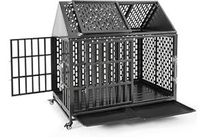 Huddycove 46 Inch Heavy Duty Dog Crate with Self-Locking Latch for High Anxiety Dogs, Indestructible Large Kennel Indoor with Pointed Roof, Removable Trays and Lockable Wheels, Chew Proof Cage