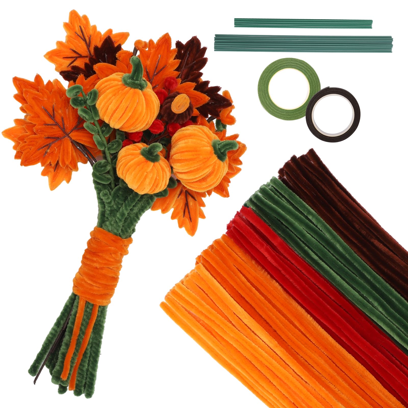Photo 1 of 300Pcs Halloween Pipe Cleaners Craft, Orange Pipe Cleaners Bulk Chenille Stems with 35Pcs Green Floral Wires and Gardening Tape for Flowers Craft Supplies DIY Art Projects (5 Colors)