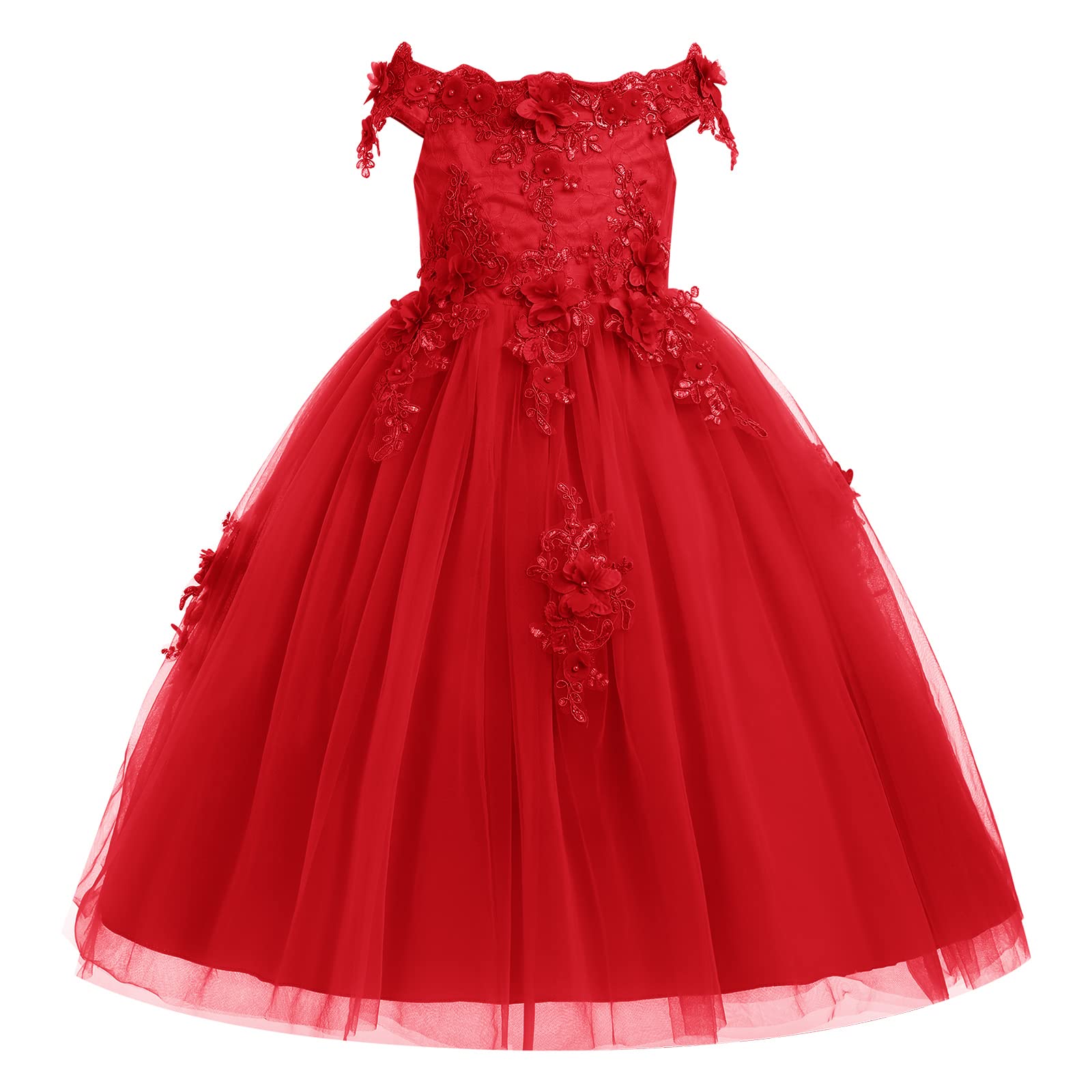 Photo 1 of Flower Girl Dress Embroidery Lace Applique Beaded Off Shoulder Long Pageant Formal Wedding Party Dresses for Kids Baby Bridesmaid Birthday Communion Floor Length Tulle Ball Gowns Red 11-12 Years