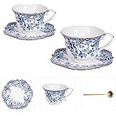 POWDONUNT Vintage Floral Porcelain Tea Cup and Saucer Set with Spoon, Gold Trim, 6.4 oz – Set of 2, Blue – Tea & Espresso & Coffee Cups (2, China Flower)