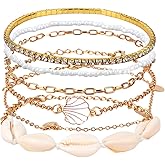 Mikovivi Bead Ankle Bracelets Set for Women, Adjustable Boho Gold Beach Anklets with Pearl Conch Shell and Disc Charms Hawaiian Summer Seashell Beaded Waterproof Foot Jewelry