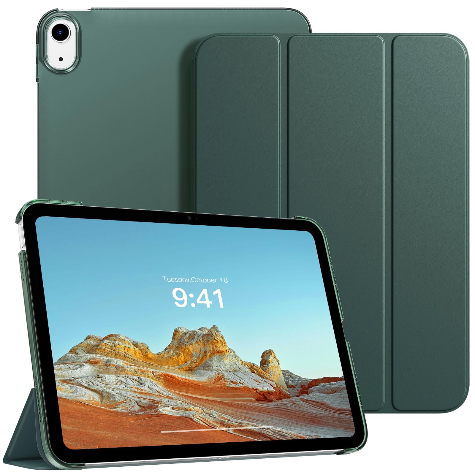 TiMOVO Case for iPad (A16) 11th Generation 11 Inch 2025/iPad 10th Generation 10.9 Inch 2022, Slim Stand Cover with Hard Translucent Back, Support Touch ID, Auto Wake/Sleep, Midnight Green