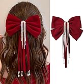 FRUZJAY Valentine Hair Bows Clips for Women Wine Red Hair Bows Elegant Velvet Bowknot Hair Clips with Rhinestone Tassels and Pearls Designs French Hair Barrettes Valentines New Year Hair Accessories