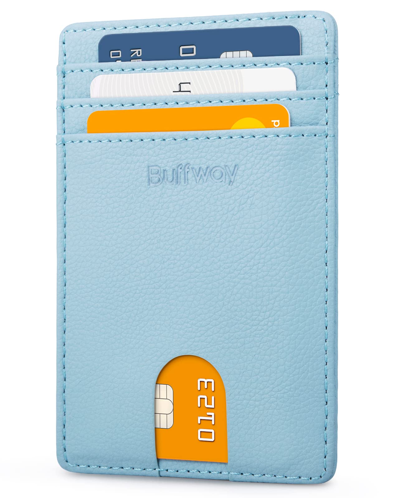 Buffway Mens Slim Wallet, Minimalist Thin Front Pocket Leather Credit Card Holder with RFID Blocking for Work Travel - Chicago Blue Grey