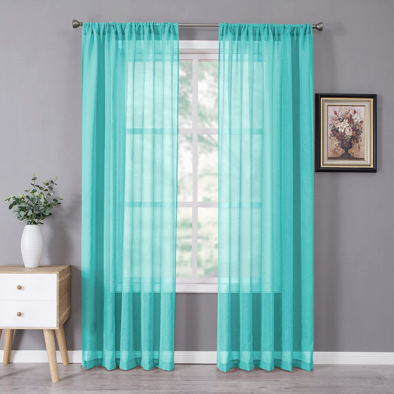Tollpiz Sheer Curtain Linen Textured Bedroom Curtains Sheer Light Filtering Rod Pocket Voile Curtain for Living Room, 54 x 95 inches Long, Aqua Blue, Set of 2 Panels