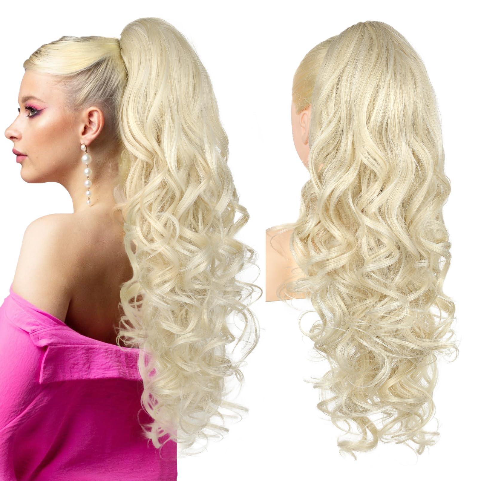 Photo 1 of REECHO Ponytail Extension, 24" Claw Clip in Long Curly Wavy Ponytail Hair Extension Jaw Clip on Pony Tails Hairpiece for Women - Light Blonde