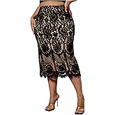 SHENHE Women's Plus Size Floral Lace Skirt High Waist Business Work Casual Elegant Midi Skirt