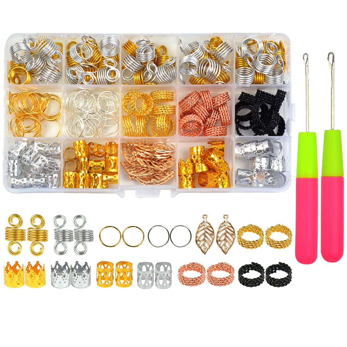 200 Pcs Hair Jewelry for Braids and 2 Pcs Latch Hook Crochet Needle Gold and Silver Dreadlocks Beads Cuffs Adjustable Hair Bead Accessories for Women Braiding Clips