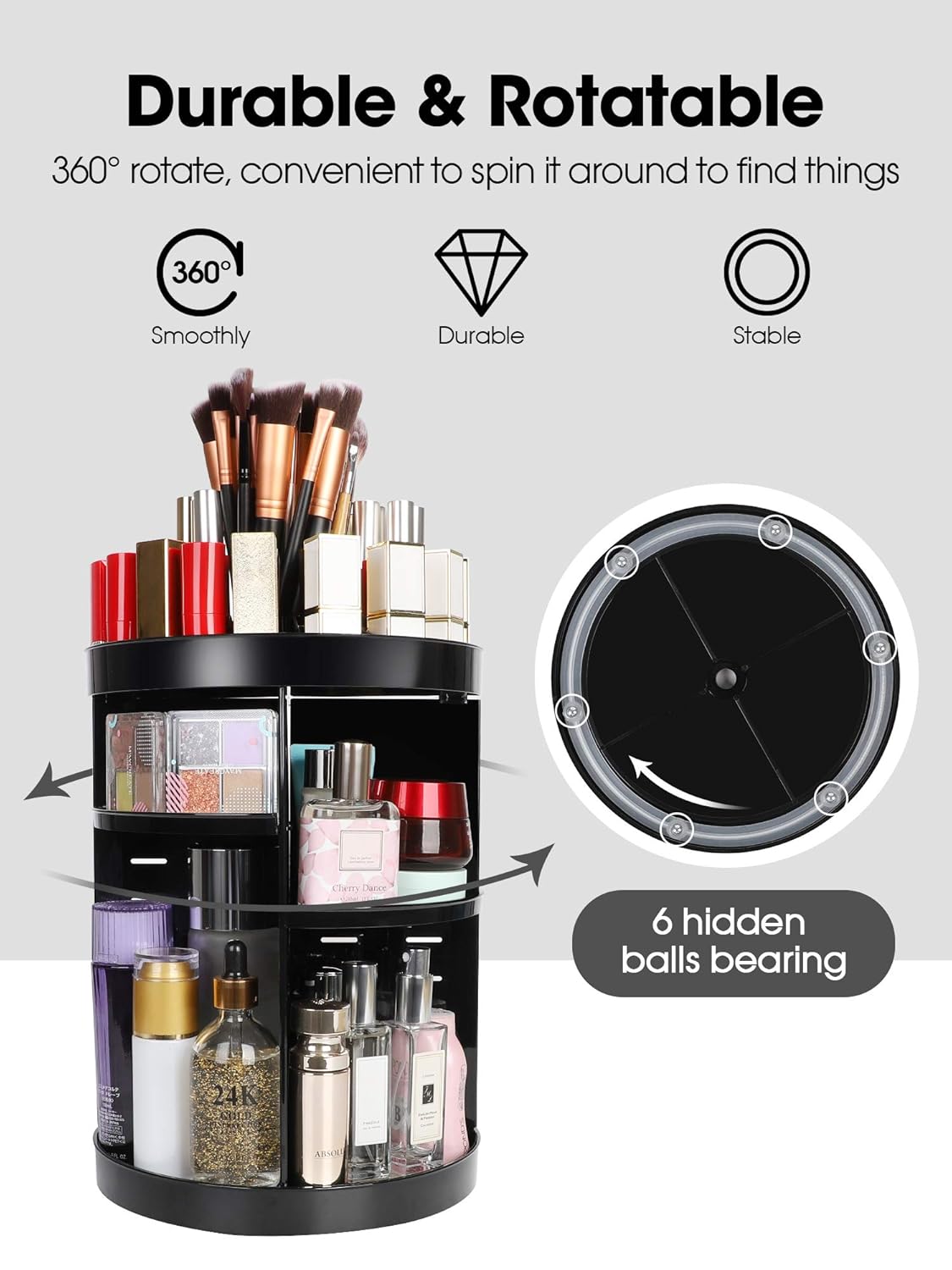 Kootek Rotating Makeup Organizer - 360 Spinning Makeup Storage Rack Adjustable Swivels Cosmetic Organizers Large Capacity Holder with 4 Layers Trays for Bathroom Bedroom Desser Room (Black): Beauty